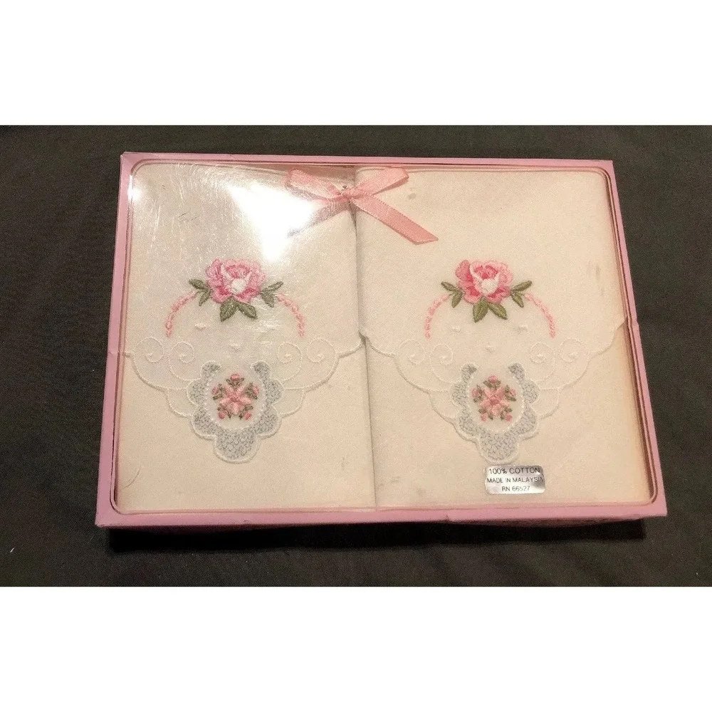 NIB Embroidered‎ Handkerchiefs White Pink Flower 100% Cotton Malaysia